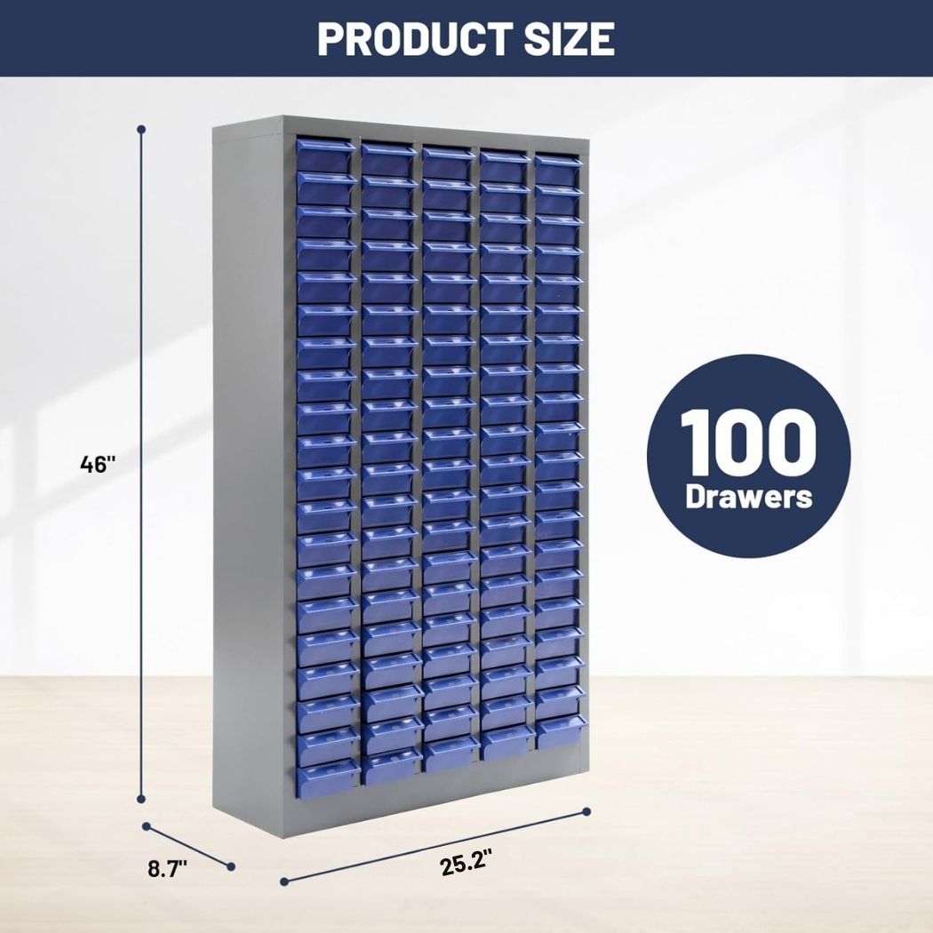 Nut and Bolt Organizer, Steel Cabinet and 100 Plastic Drawer Bins, Fully Assembled