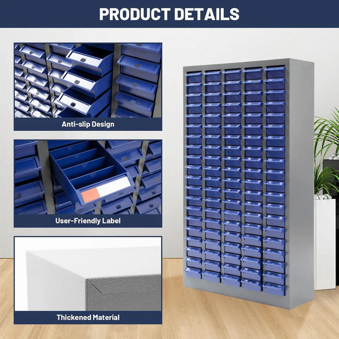 Nut and Bolt Organizer, Steel Cabinet and 100 Plastic Drawer Bins, Fully Assembled