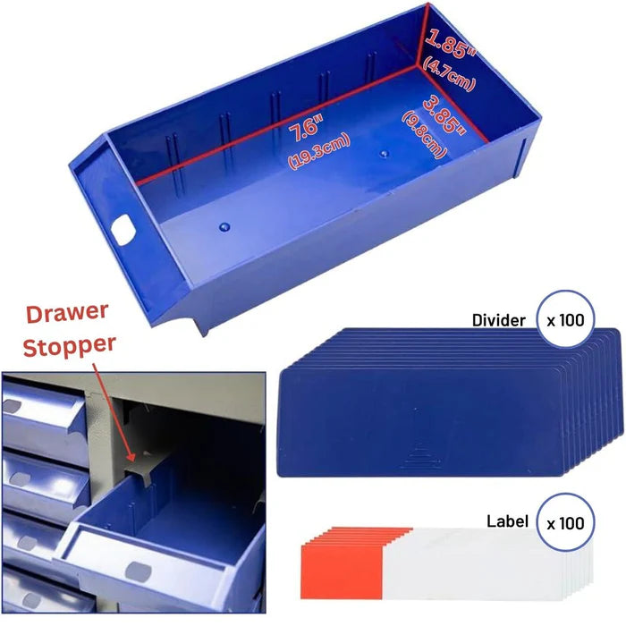 Nut and Bolt Organizer, Steel Cabinet and 100 Plastic Drawer Bins, Fully Assembled