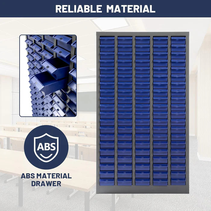 Nut and Bolt Organizer, Steel Cabinet and 100 Plastic Drawer Bins, Fully Assembled