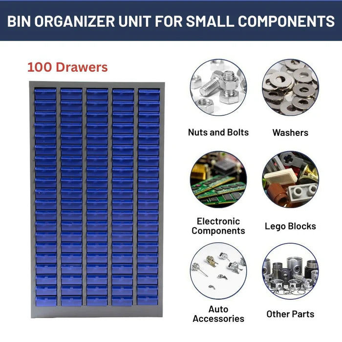 Nut and Bolt Organizer, Steel Cabinet and 100 Plastic Drawer Bins, Fully Assembled