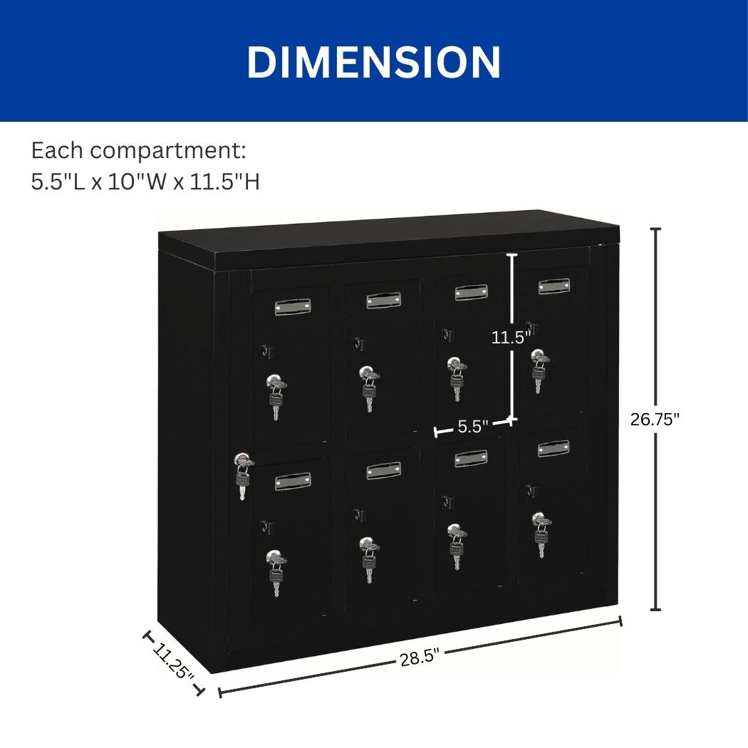 2-Tier 8 Door Cell Phone Locker w/ Individual Key Locks & Master Key, 28.5"L x 11.25"W x 26.75"H