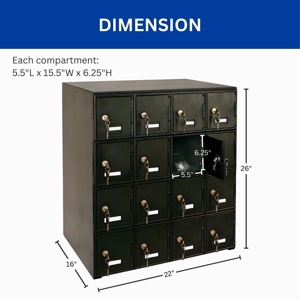 4-Tier 16 Door Cell Phone Locker w/ Key Locks, 22"L x 16"W x 26"H