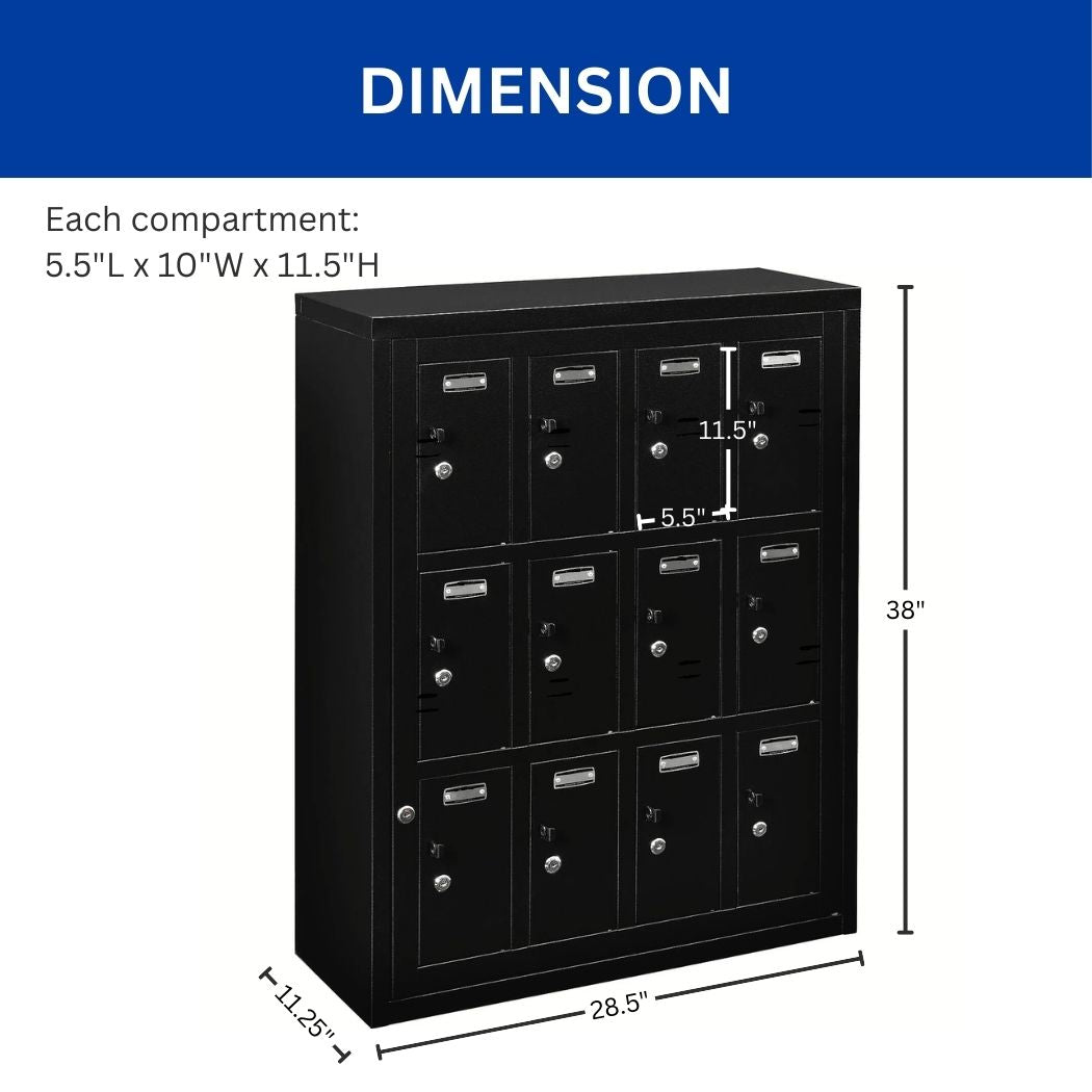 3-Tier 12 Door Cell Phone Locker w/ Individual Key Locks & Master Key, 28.5"L x 11.25"W x 38"H
