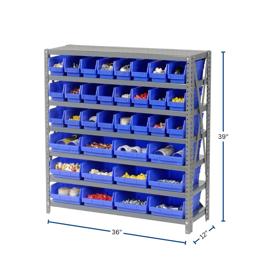 7 Shelves Steel Bin Storage Rack 36L" x 12"W x 39"H w/ 36 Plastic Bins