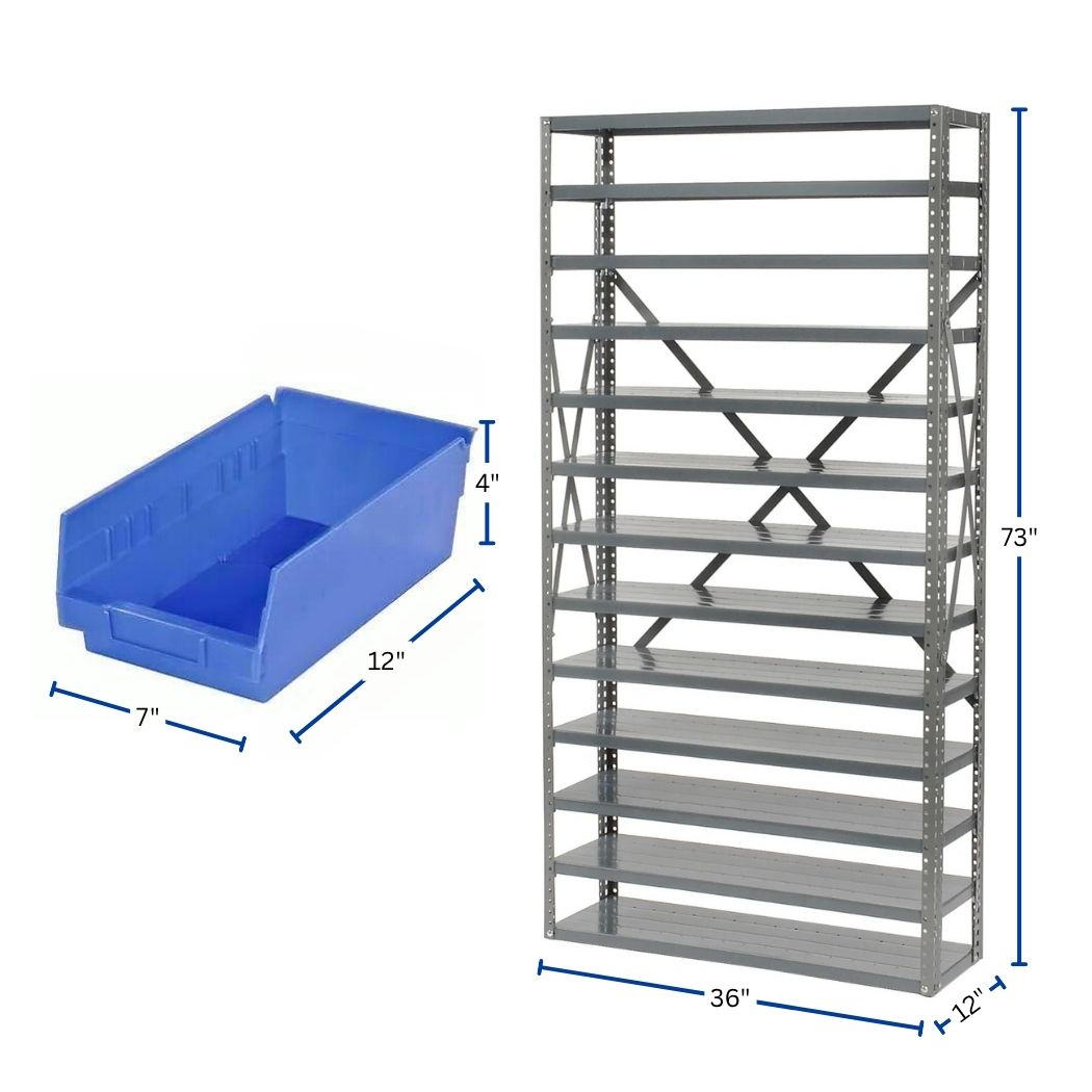13 Shelves Steel Bin Storage Rack 36L" x 12"W x 73"H w/ 60 Plastic Bins