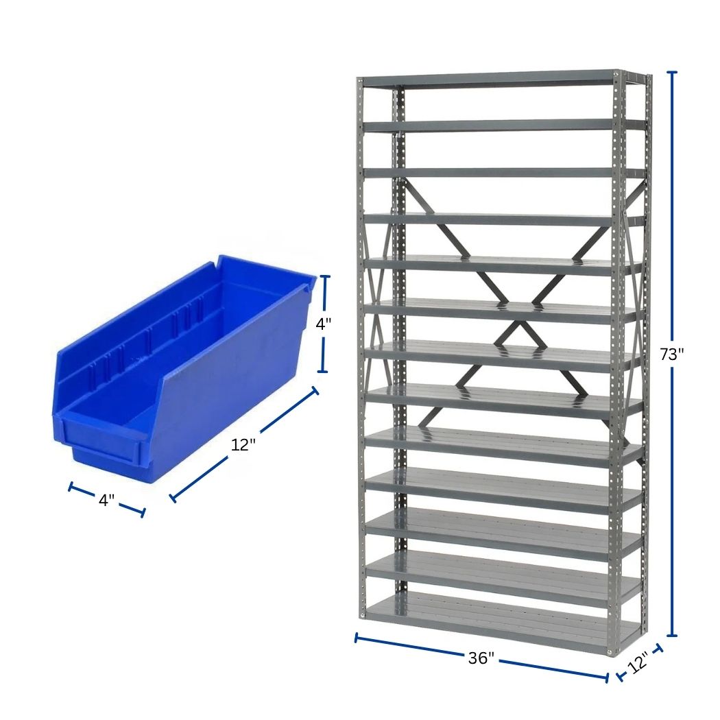 13 Shelves Steel Bin Storage Rack 36L" x 12"W x 73"H w/ 96 Plastic Bins