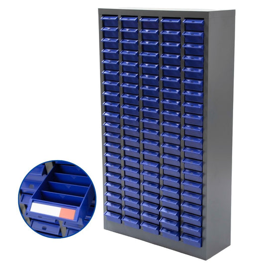 Nut and Bolt Organizer, Steel Cabinet and 100 Plastic Drawer Bins, Fully Assembled
