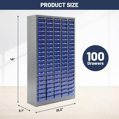 Nut and Bolt Organizer, Steel Cabinet and 100 Plastic Drawer Bins, Fully Assembled