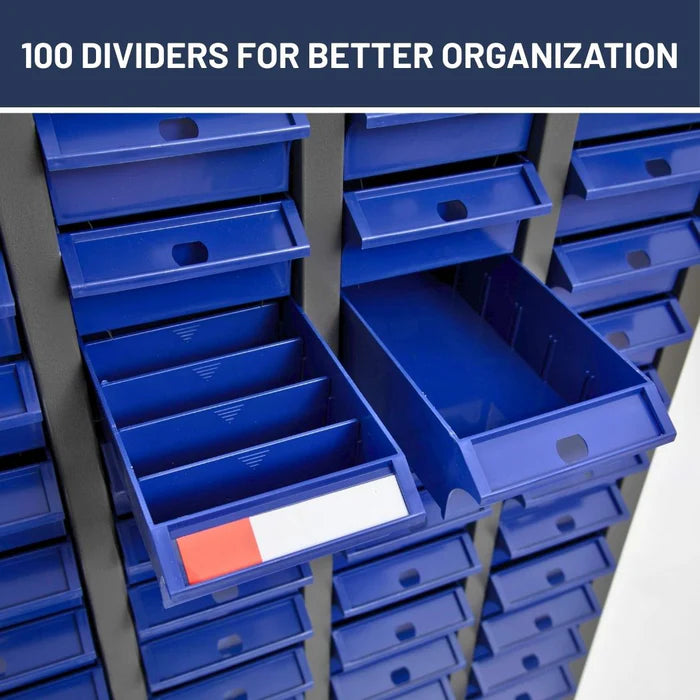 Nut and Bolt Organizer, Steel Cabinet and 100 Plastic Drawer Bins, Fully Assembled