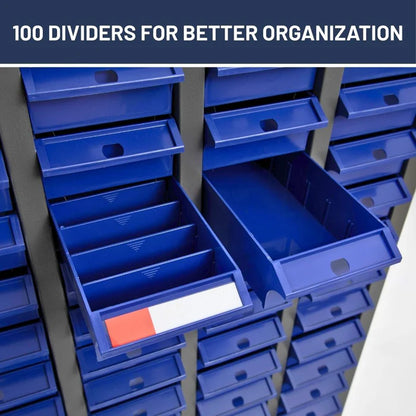 Nut and Bolt Organizer, Steel Cabinet and 100 Plastic Drawer Bins, Fully Assembled