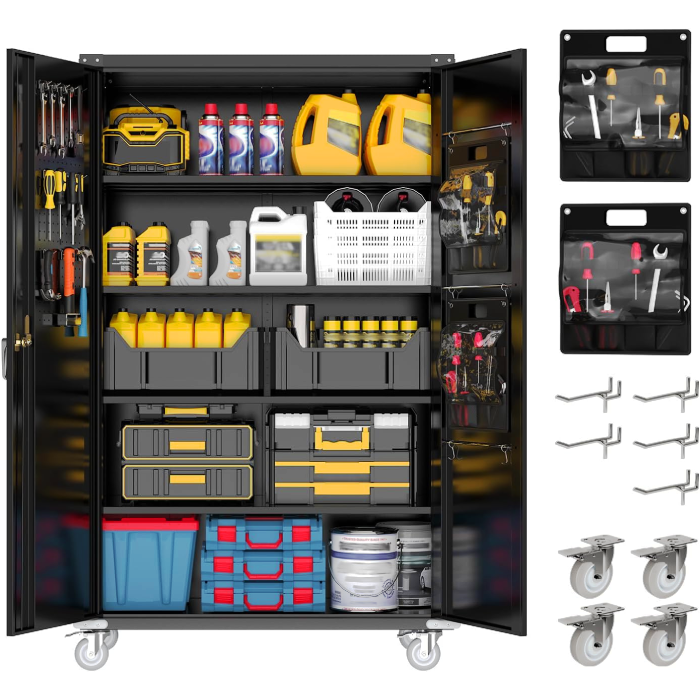 72"H Rolling Metal Storage Cabinet - With Pegboards & Shelves
