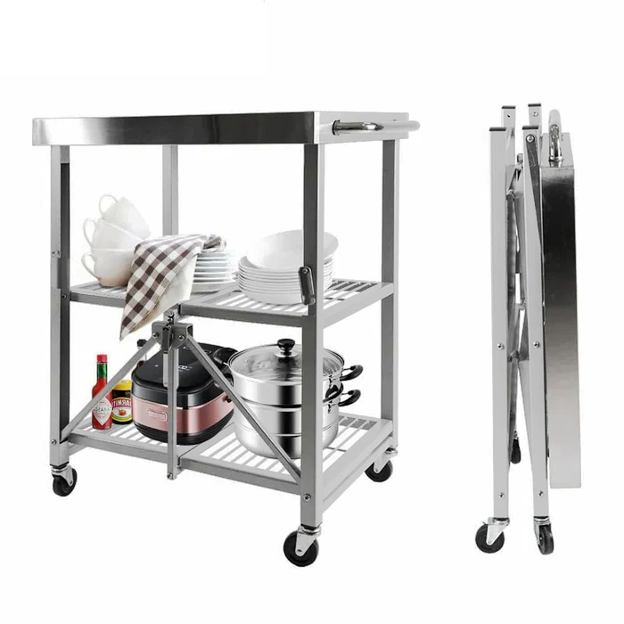 3-Tier Foldable Stainless Steel Cart - 300 lbs Capacity