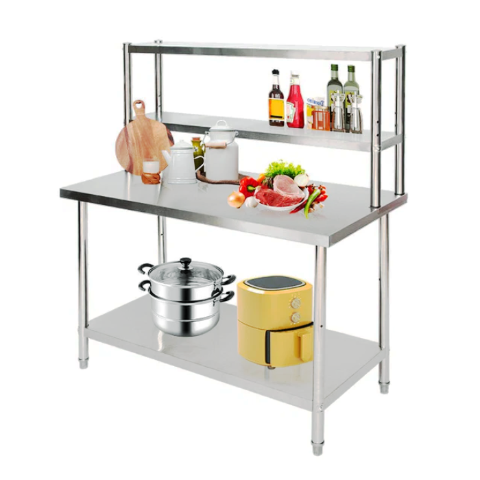 Stainless Steel Kitchen Island - Double Tier Top Shelf