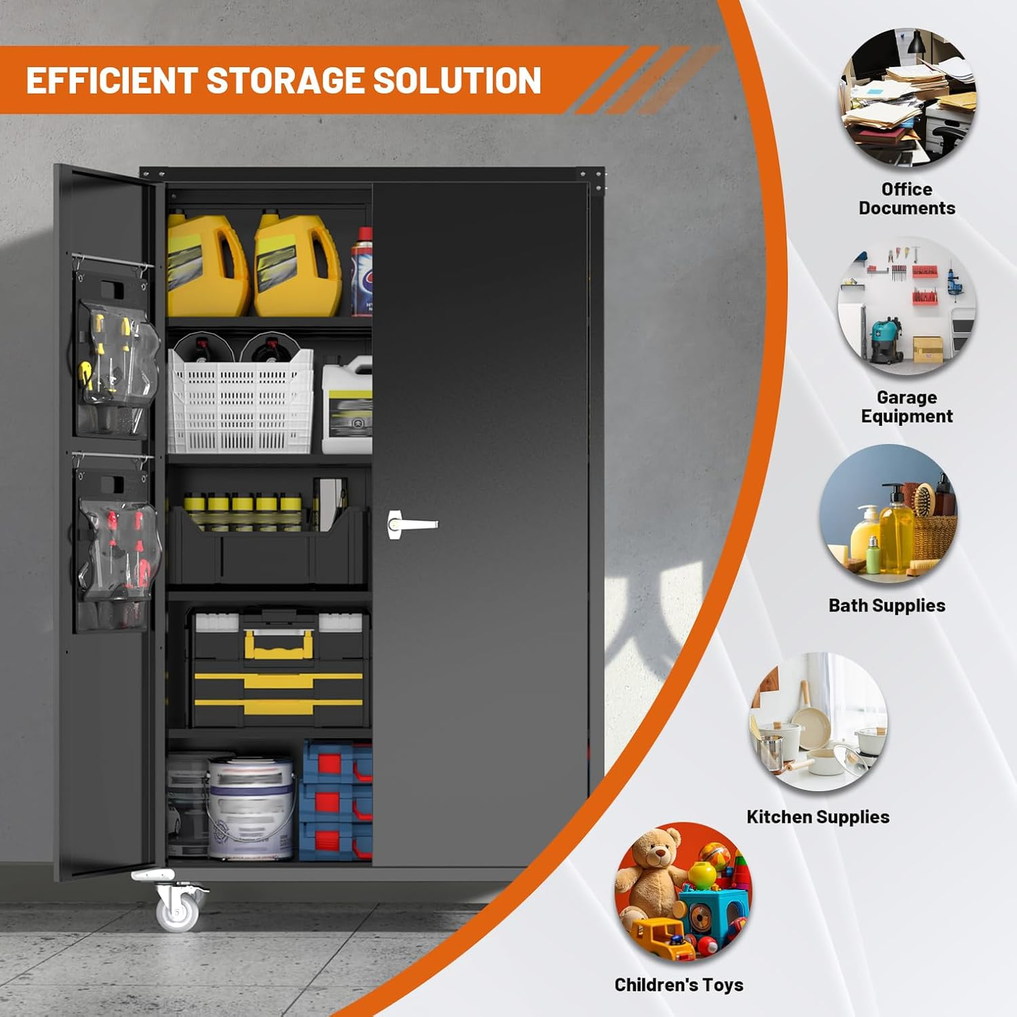 72" H Wide & Deep Garage Storage Cabinet with Wheels & Pegboards, Locking Metal Storage Cabinet with Doors and 4 Adjustable Shelves