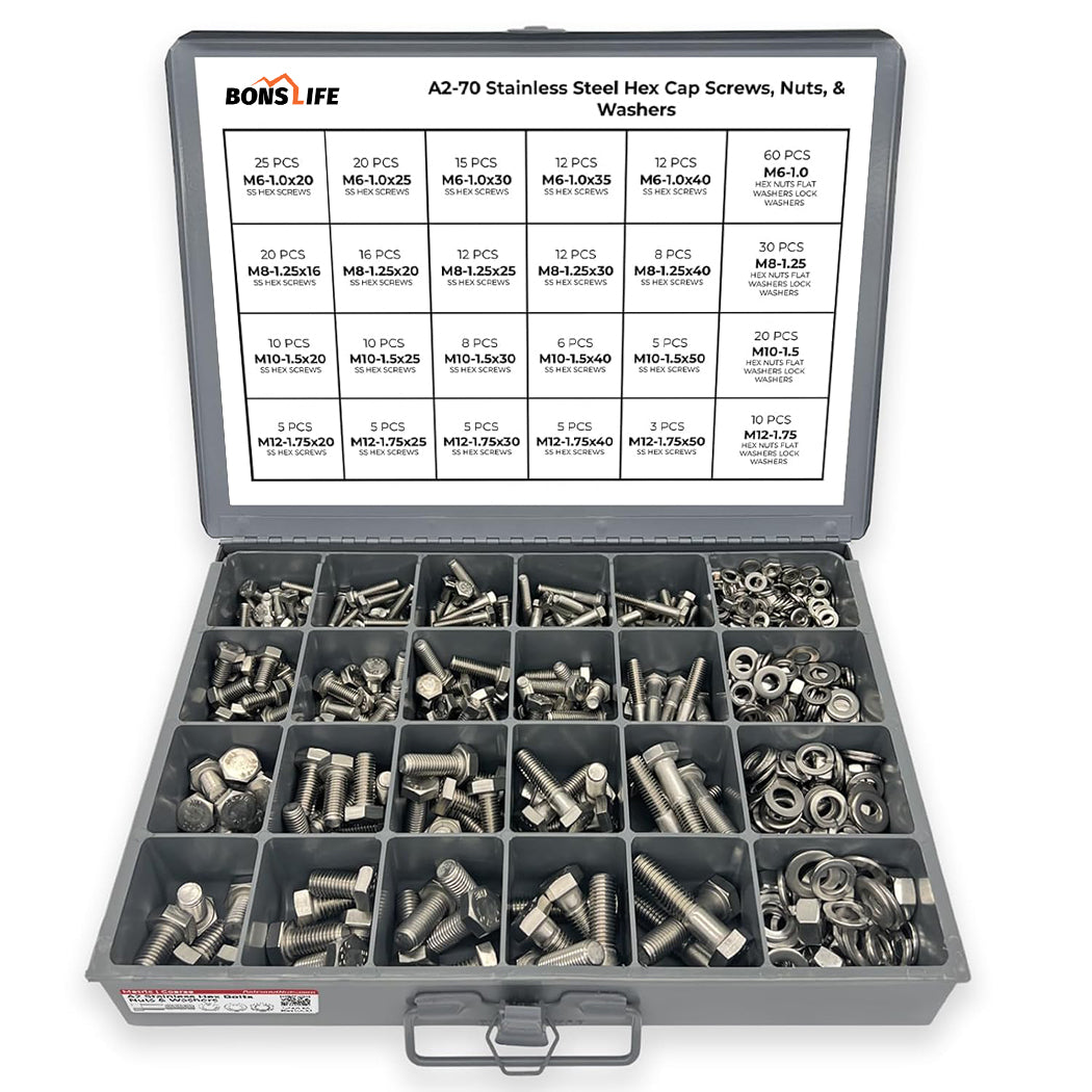 575 PC A2-70 (304) Stainless Steel Metric Bolt & Nut Set w/ Steel Drawer (M6-M12)