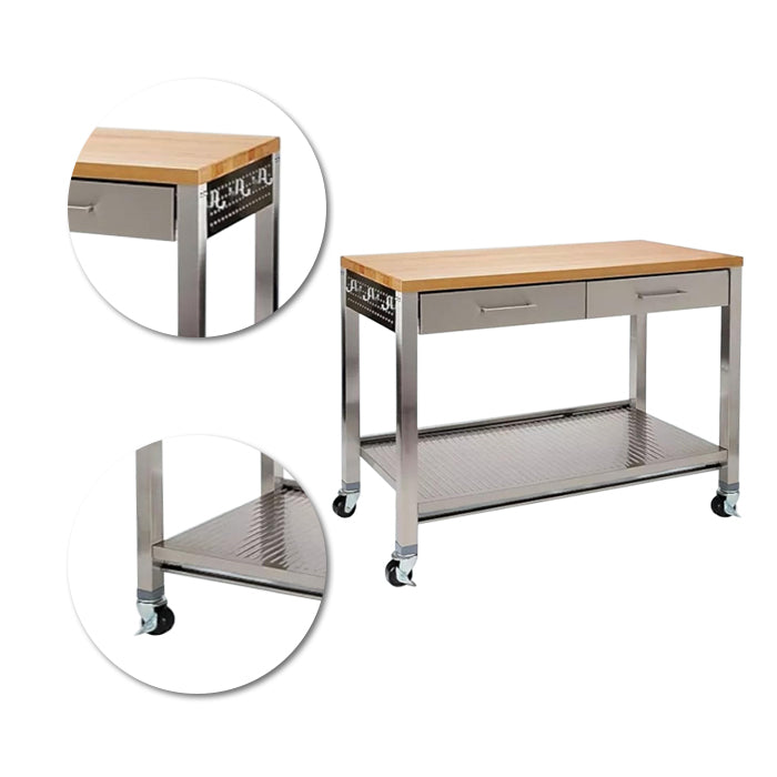 48" x 24" Stainless Steel Kitchen Island with Solid Wood Top & Drawers