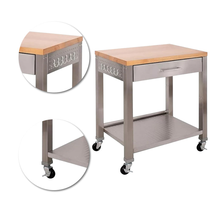 30" x 20" Stainless Steel Kitchen Island with Wood Top & Drawer