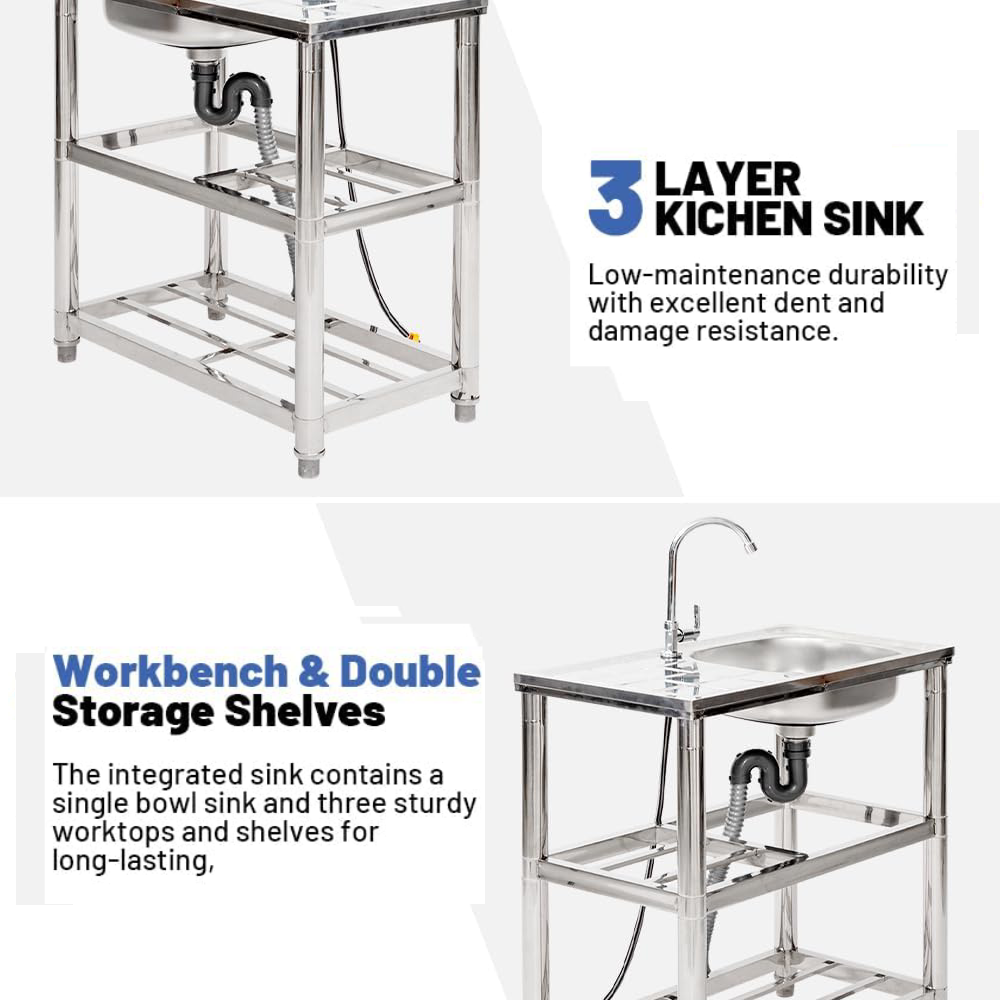Stainless Steel Utility Sink - With Storage Shelves & Faucet