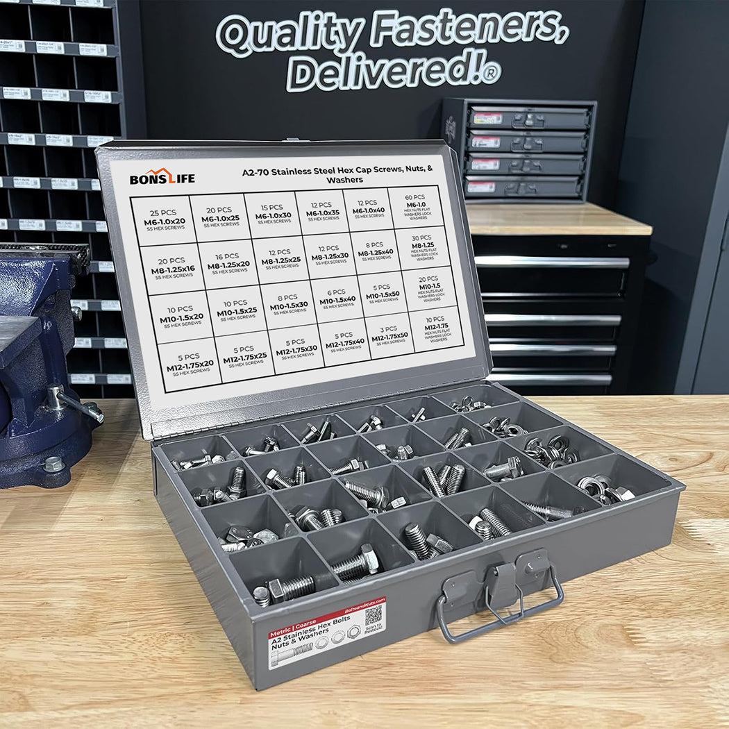575 PC A2-70 (304) Stainless Steel Metric Bolt & Nut Set w/ Steel Drawer (M6-M12)