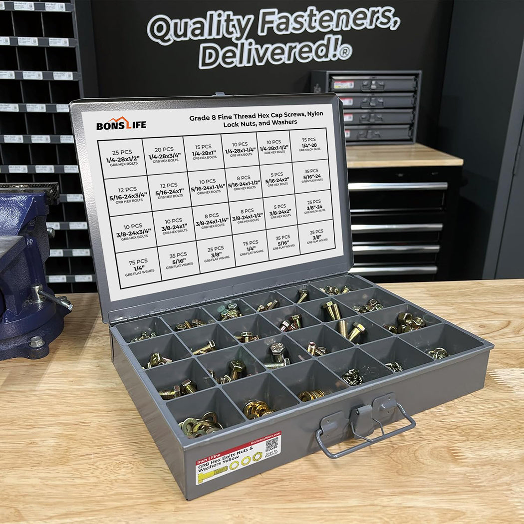 574 PC Grade 8 Fine Thread Bolt & Nut Assortment w/ Steel Drawer (1/4"-3/8")