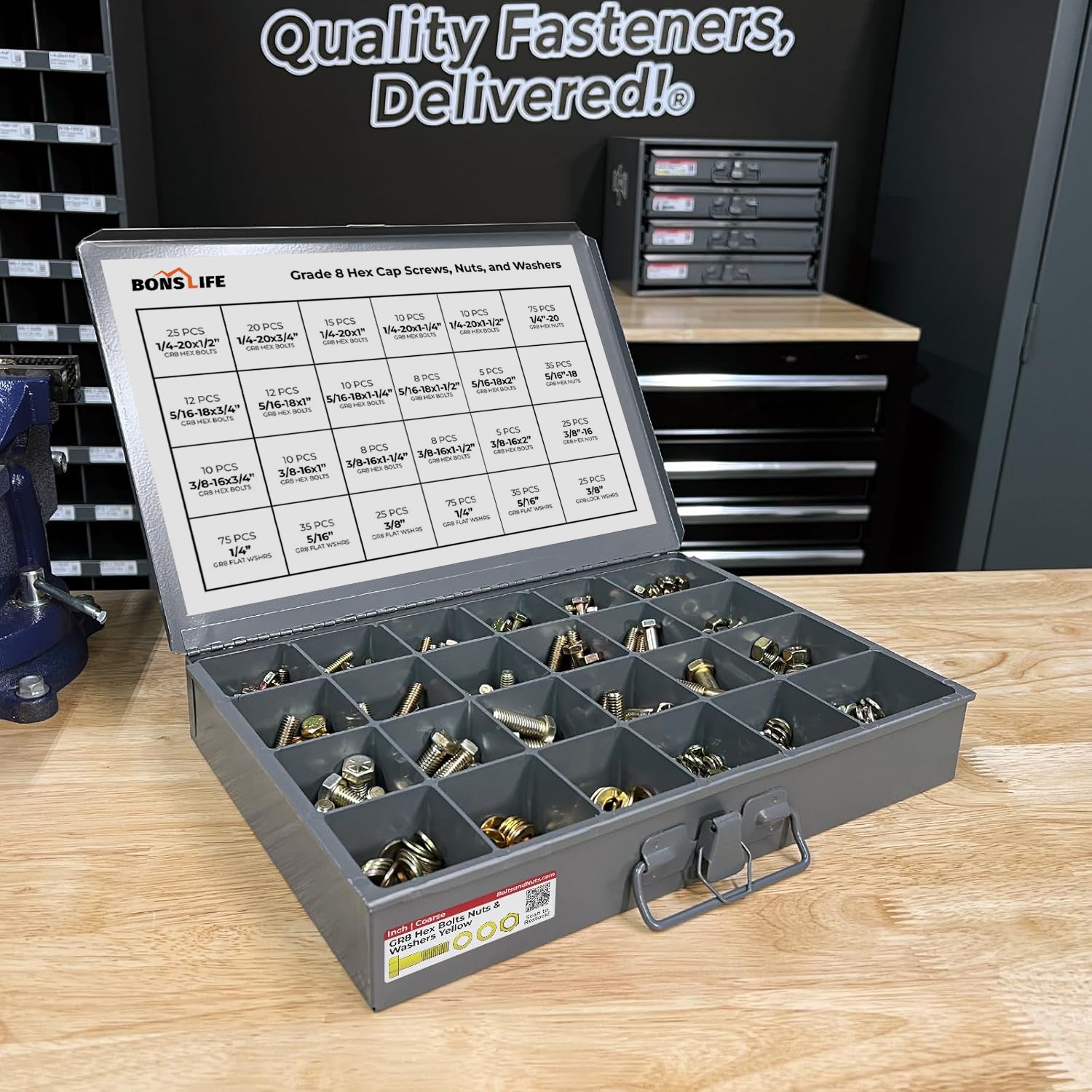 574 PC Grade 8 Coarse Thread Bolt & Nut Assortment w/ Steel Drawer (1/4"-3/8")