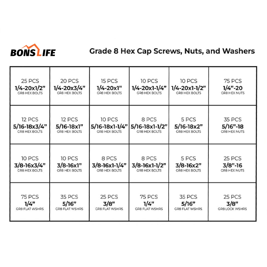 574 PC Grade 8 Coarse Thread Bolt & Nut Assortment w/ Steel Drawer (1/4"-3/8")