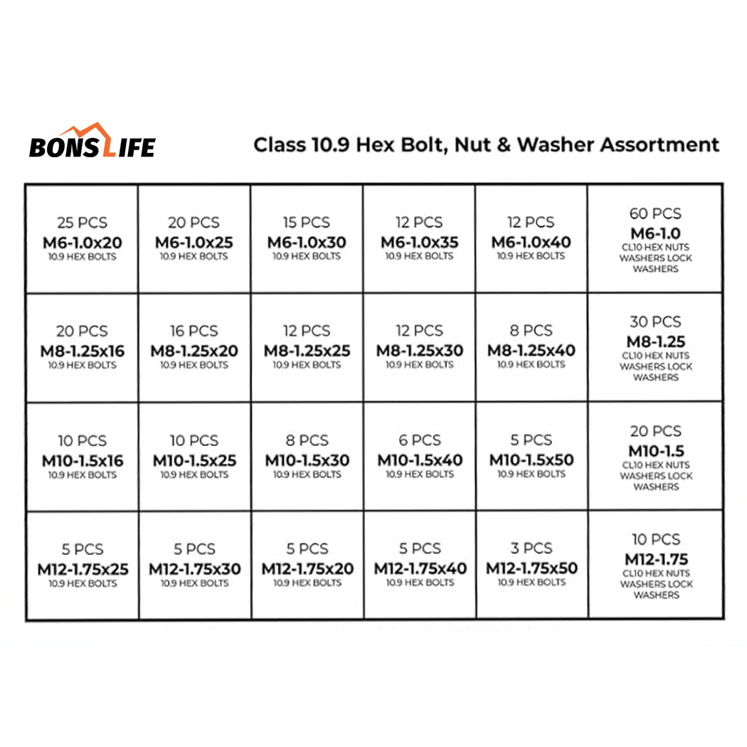 575 PC Metric Class 10.9 High-Tensile Bolt & Nut Set w/ Steel Drawer (M6-M12)