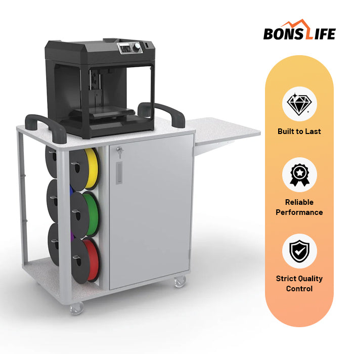 Mobile 3D Printer Cart - Lockable Security Cabinet with Side Shelf