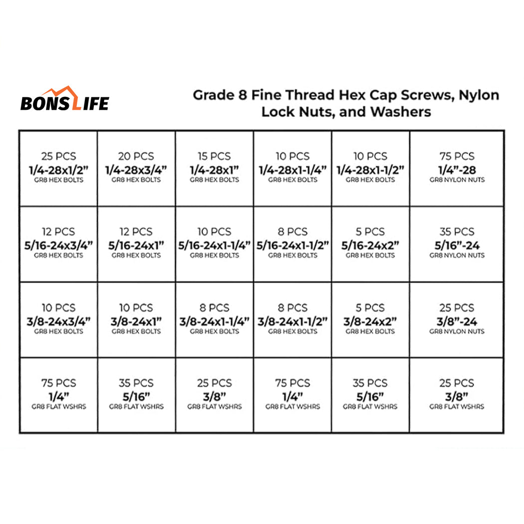 574 PC Grade 8 Fine Thread Bolt & Nut Assortment w/ Steel Drawer (1/4"-3/8")