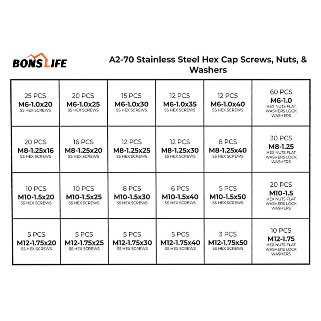 575 PC A2-70 (304) Stainless Steel Metric Bolt & Nut Set w/ Steel Drawer (M6-M12)