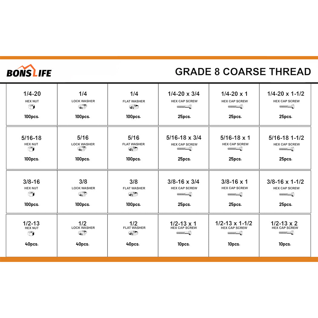 1,275 PC Grade 8 Coarse Thread Bolt & Nut Set w/ Steel Drawer (1/4"-1/2")