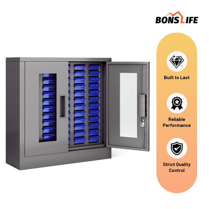 60-Drawer Steel Parts Cabinet - 37" High Industrial Storage Organizer with Lock