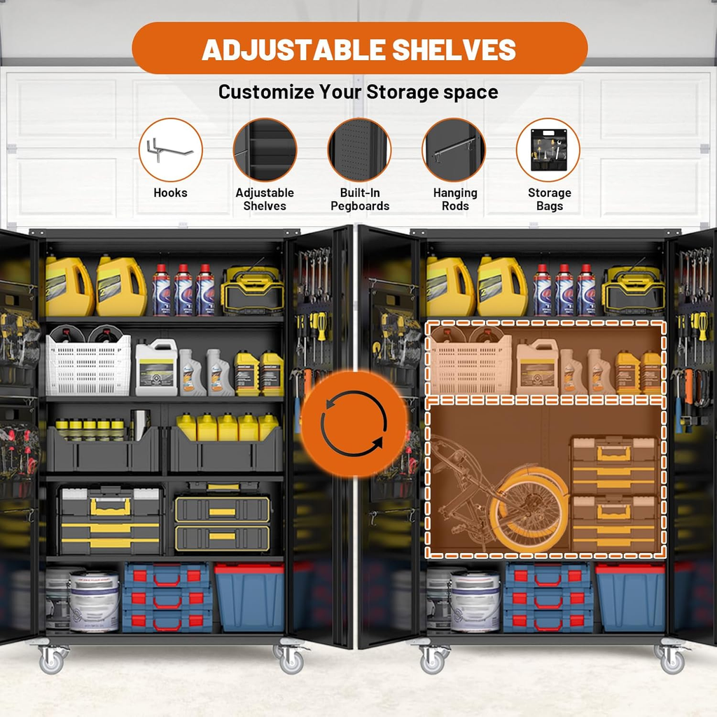 72"H Rolling Metal Storage Cabinet - With Pegboards & Shelves