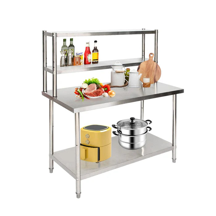Stainless Steel Kitchen Island - Double Tier Top Shelf