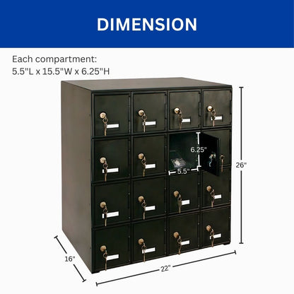 4-Tier 16 Door Cell Phone Locker w/ Key Locks, 22"L x 16"W x 26"H