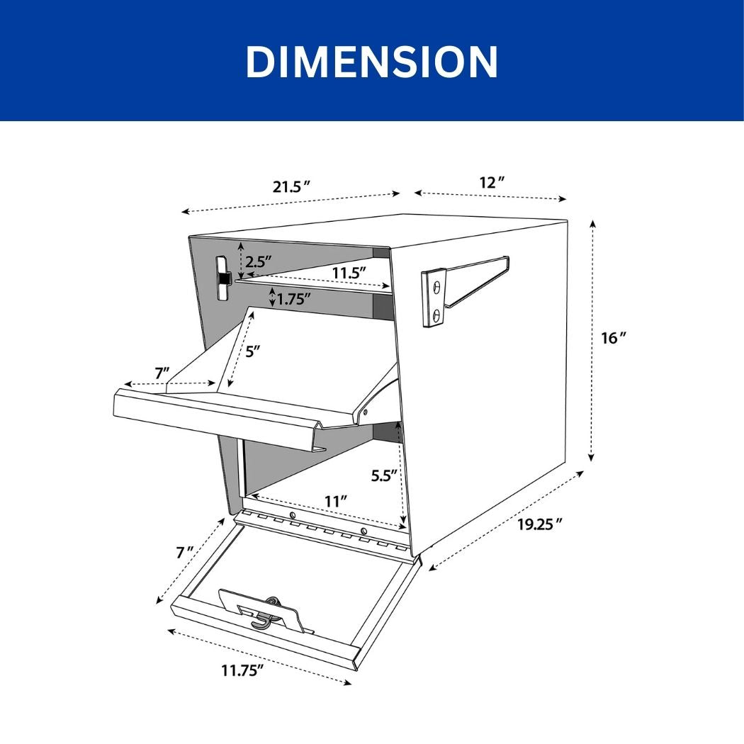 Large Capacity Package Mailbox 12"W x 21.5"D x 16"H, Post Mount Curbside Locking Mailbox