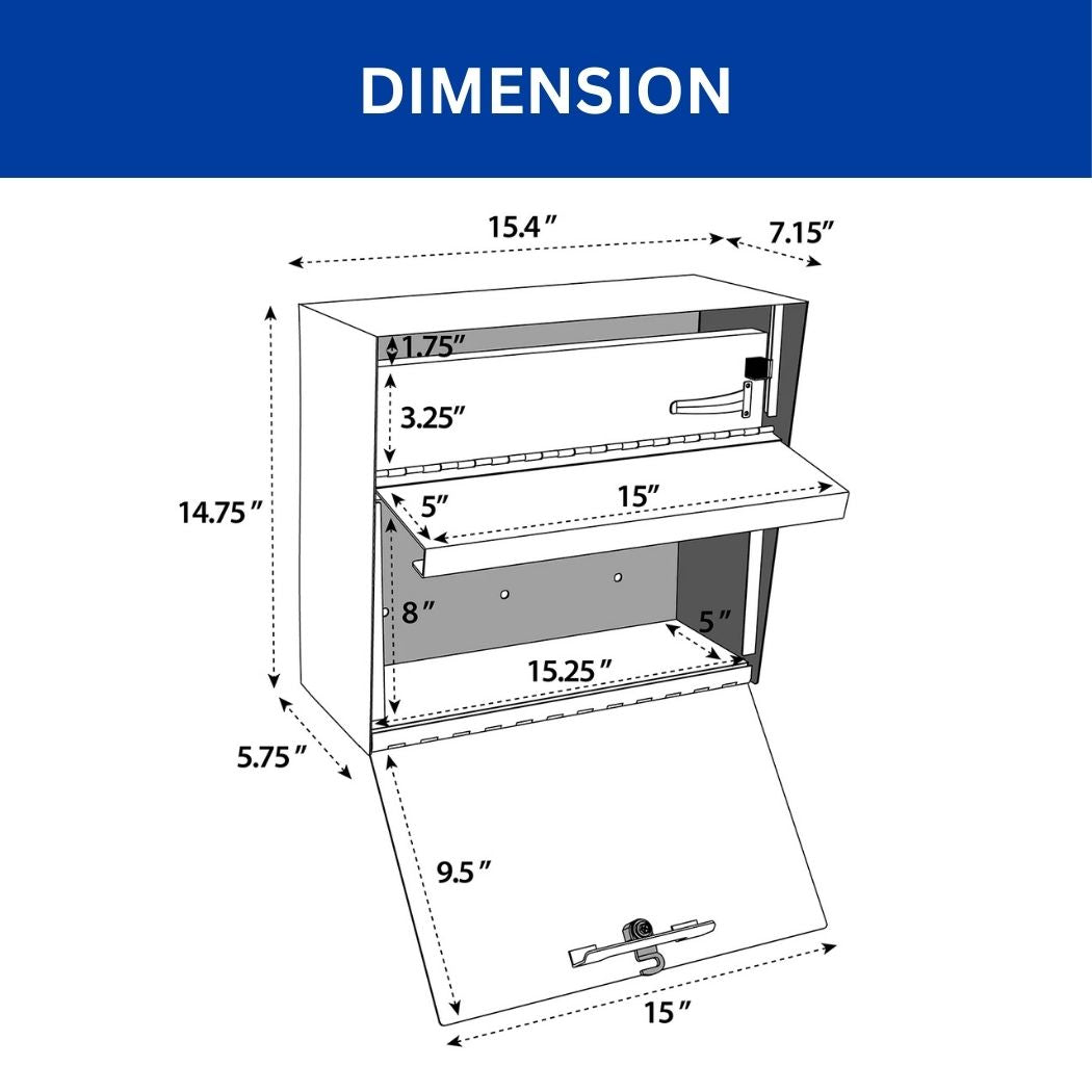 Horizontal Locking Mailbox 15.4"W x 5.75"D x 14.75"H, Wall Mount for Mail, Magazine and Large Envelope