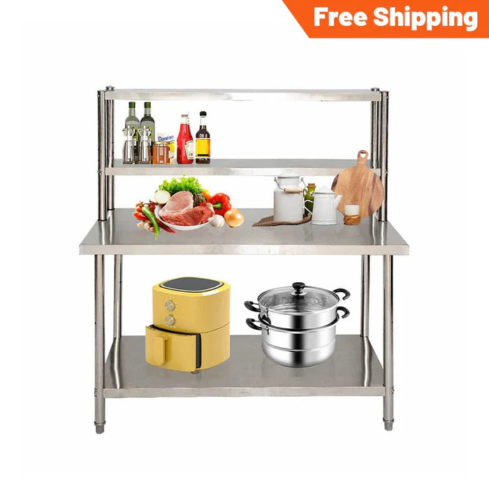 Stainless Steel Kitchen Island - Double Tier Top Shelf