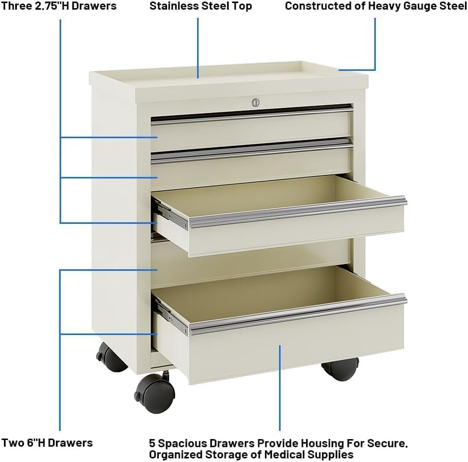 5-Drawer Medical Rolling Cabinet - Stainless Steel Top