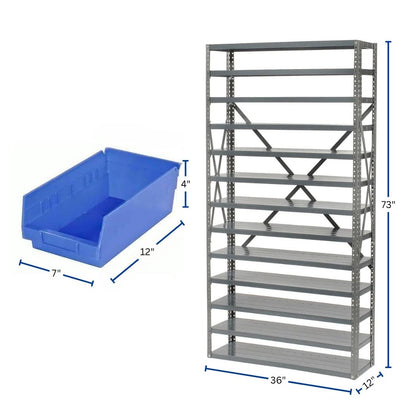 13 Shelves Steel Bin Storage Rack 36L" x 12"W x 73"H w/ 60 Plastic Bins