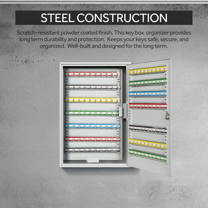 Steel Key Cabinet for 200 Keys w/ Numbered Hooks, Key Lock, 15"W x 5.6"D x 21.6"H