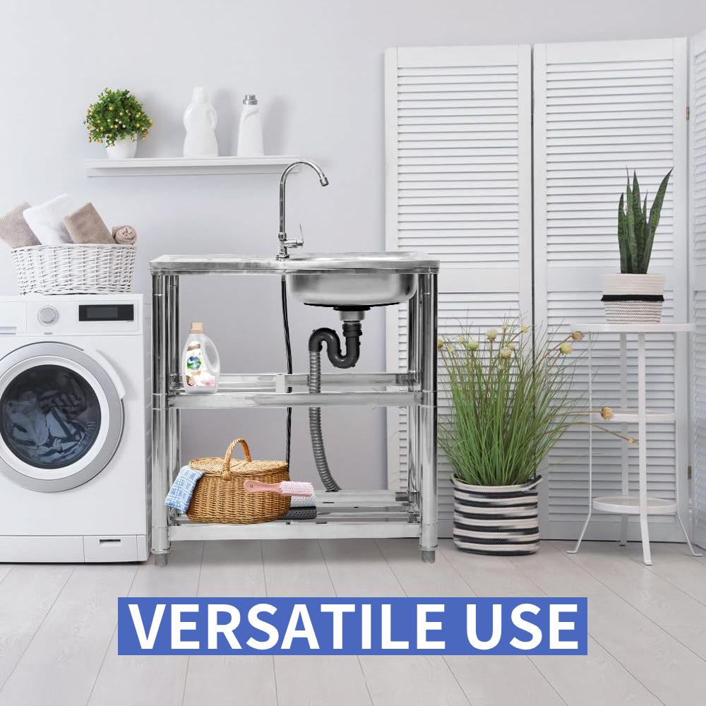 Stainless Steel Utility Sink - With Storage Shelves & Faucet