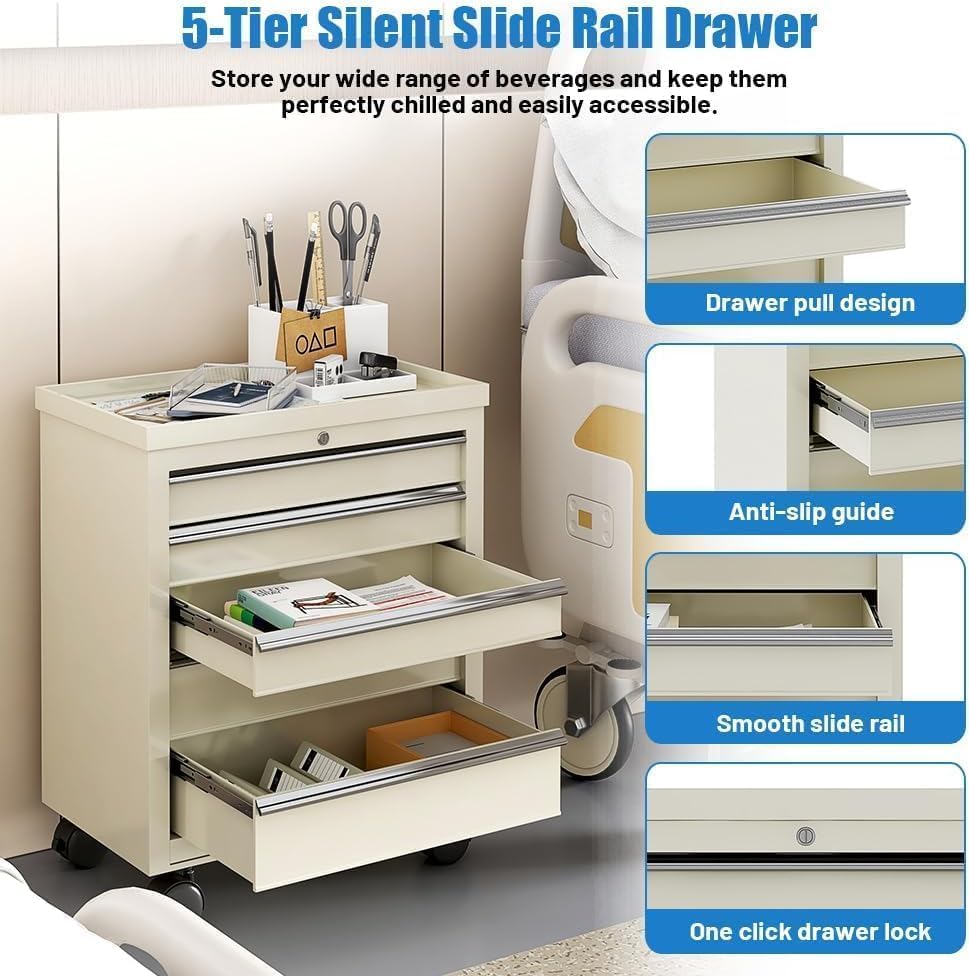 5-Drawer Medical Rolling Cabinet - Stainless Steel Top