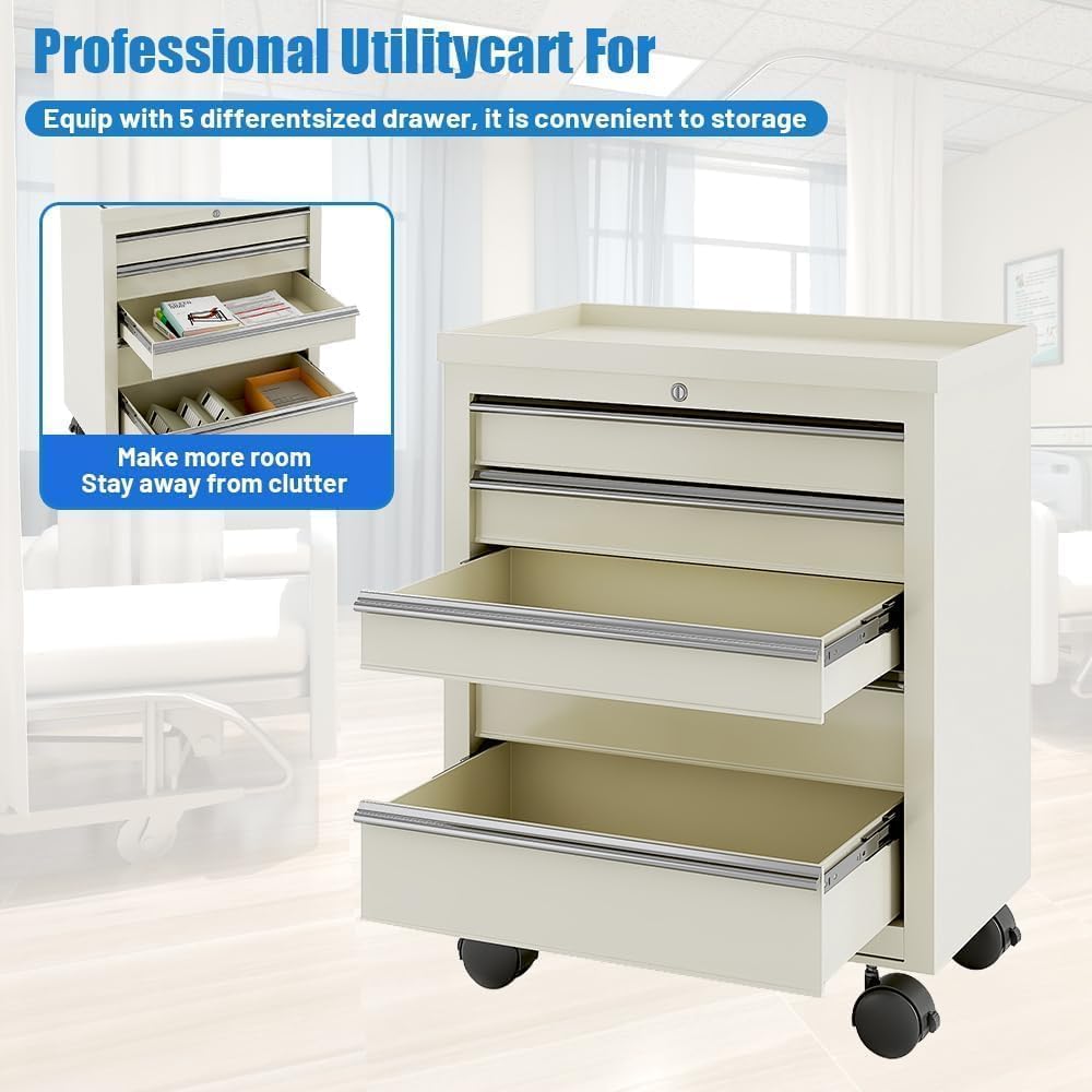 5-Drawer Medical Rolling Cabinet - Stainless Steel Top