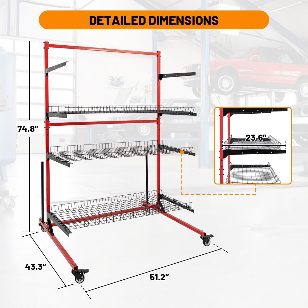 3-Tier Mobile Auto Body Parts Cart - Rolling Storage Rack