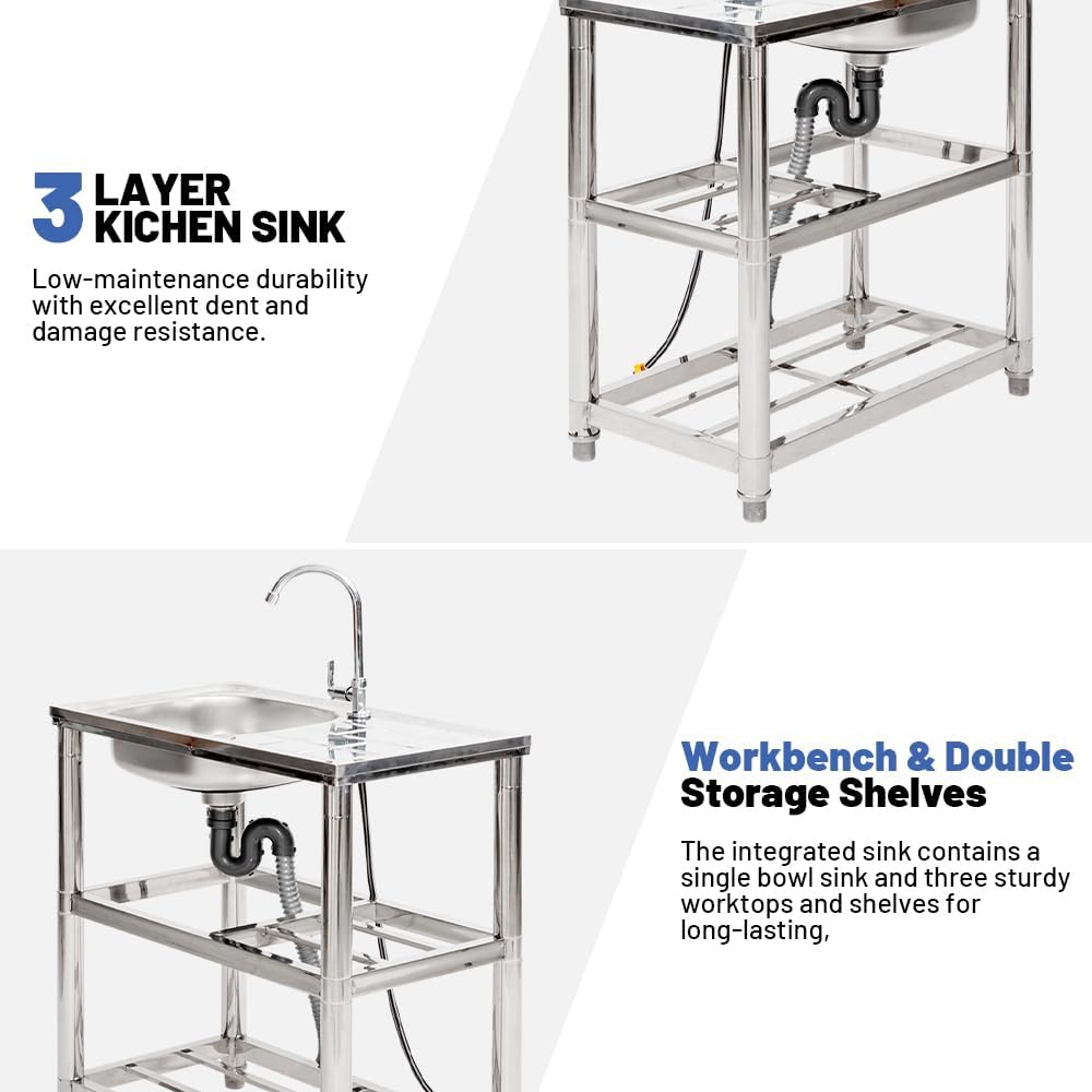 Stainless Steel Utility Sink - With Storage Shelves & Faucet