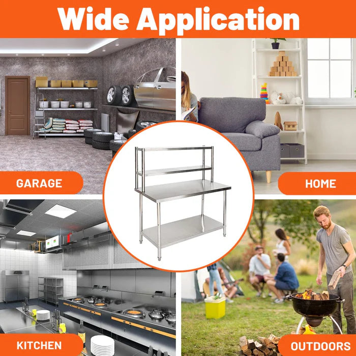 Stainless Steel Kitchen Island - Double Tier Top Shelf