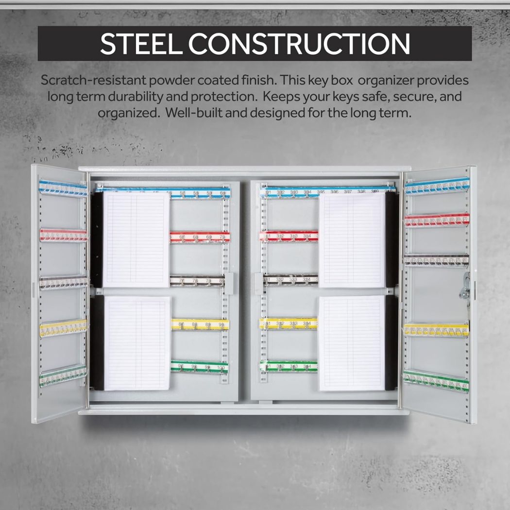 Steel Key Cabinet for 400 Keys w/ Numbered Hooks, Key Lock, 28"W x 5.5"D x 21.5"H
