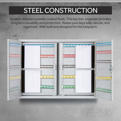 Steel Key Cabinet for 400 Keys w/ Numbered Hooks, Key Lock, 28"W x 5.5"D x 21.5"H
